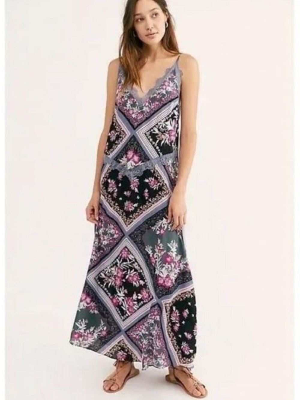 Free People Intimately Stevie Floral Bandana Print Lace Trim Maxi Dress